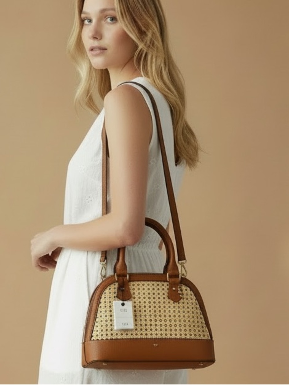 Peta + Jain Brown and Cream Woven Dome Satchel with Detachable Strap